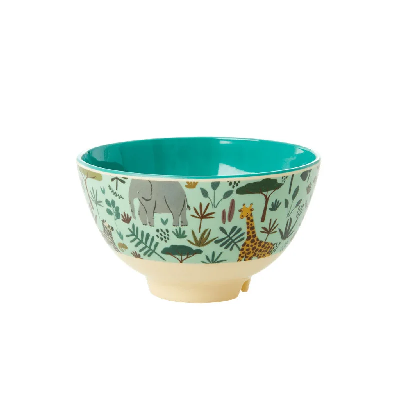 Elegant etched glass pitchers-Rice DK Melamine Bowl with Green All Over Jungle Animals Print - Two Tone - Small