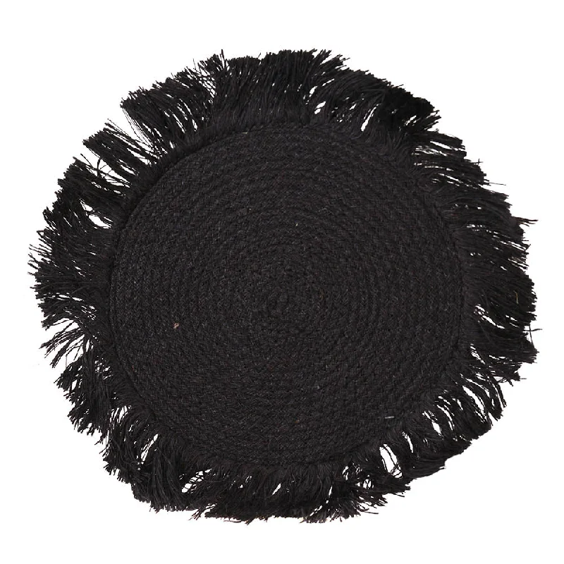 Chic reusable dinnerware sets-Placemat Round Black Palm Fibre Fringed 41cm