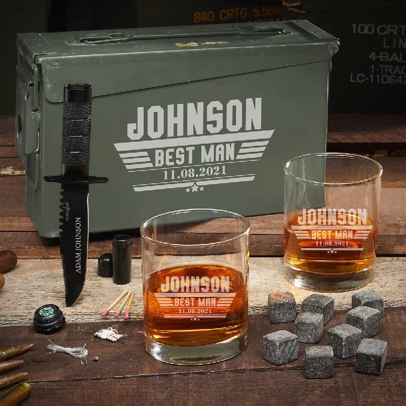 Affordable stainless steel cups-Personalized Ammo Can & Whiskey Groomsmen Gift Set - 5pc