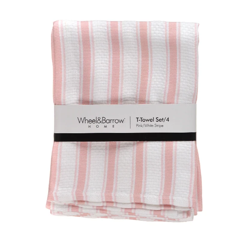 Luxury crystal dessert bowls-Tea Towel Set/4 Pink & White Stripe