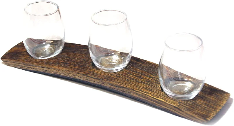 Casual camping coffee mugs-Barrel-Art Barrel Stave 3 Glass Wine Flight Serving Tray Glasses Included, Dark Walnut