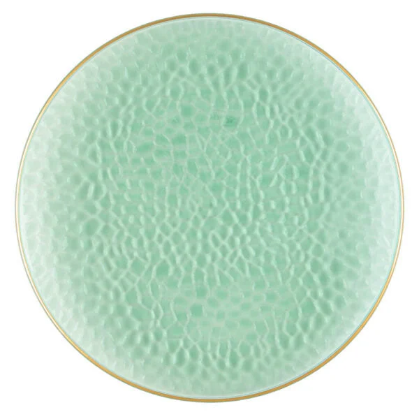 Stylish glass salad plates-Green and Gold Rim Transparent Hammered 13″ Round Plastic Charger Plate - 4 Pack