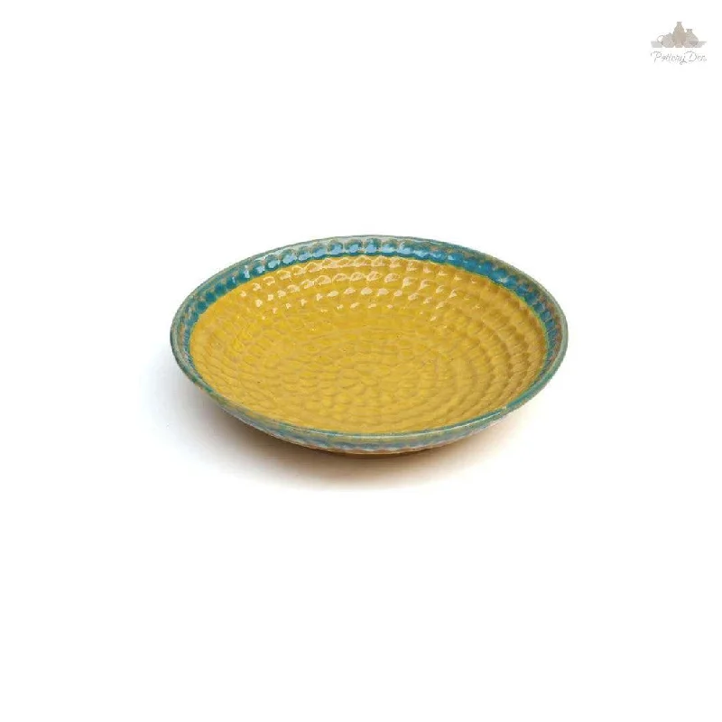 Trendy frosted serving dishes-Rustic Yellow & Green Thumbprint Bowl | Height 5 cm | Diameter 24.5 cm | Hand Painted |  Set of 1 | Ceramic Pottery | Ideal for serving food items