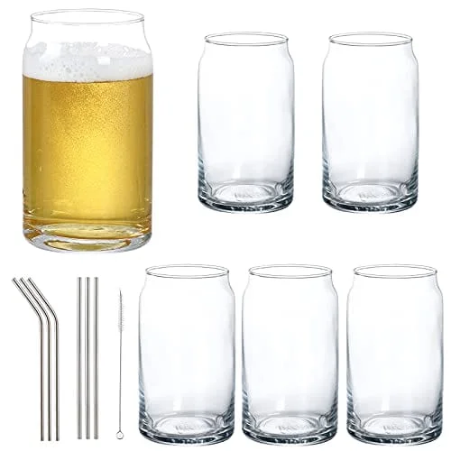 Soft bamboo travel tumblers-16 oz Beer Glasses, 6 Pack Beer Can Glass Pint Drinking Glass Cups With Straws, Suitable for juice, beer, soda, iced drinks and cocktails