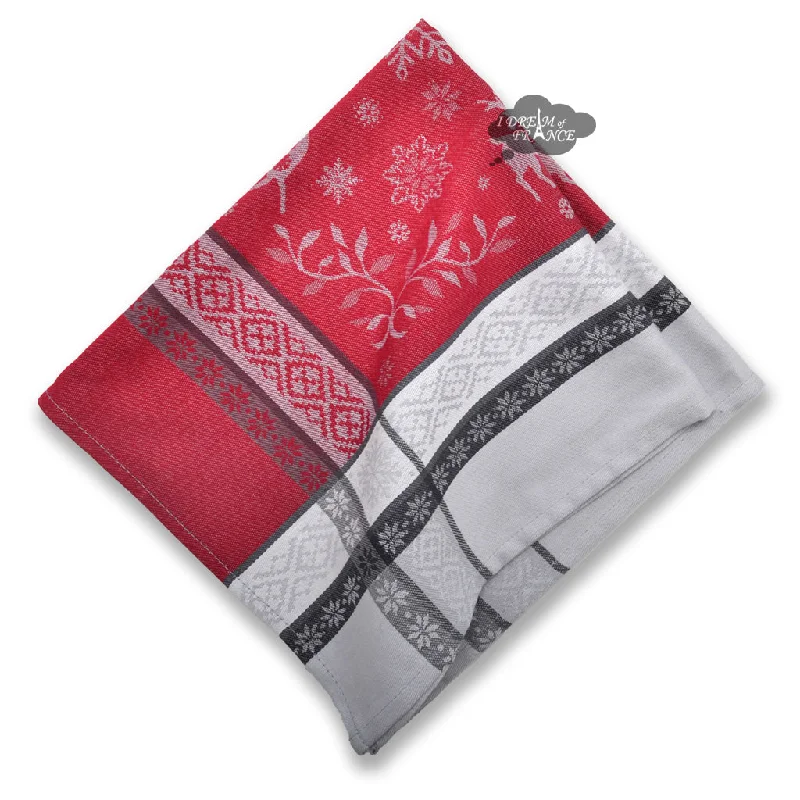 Stylish clear glass platters-Christmas Spirit Red & Gray French Cotton Jacquard Napkin by Tissus Toselli