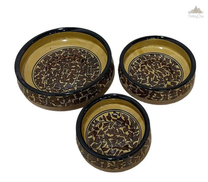 Chic frosted glass pitchers-Traditional Brown Shallow Serving Bowl | Hand Painted |  Set of 3 | Ceramic Pottery | Ideal for serving food items