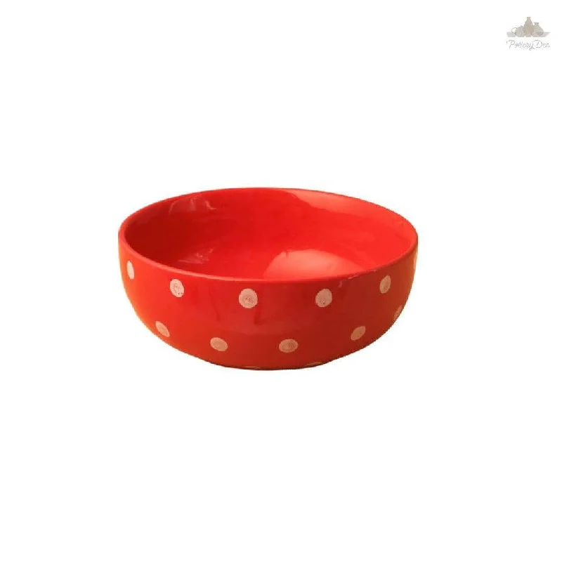 Vintage retro glass plates-Red Polka Dots Serving Bowl| Height 7.5 cm | Diameter 19 cm | Hand Painted |  Set of 1 | Ceramic Pottery | Ideal for serving food items