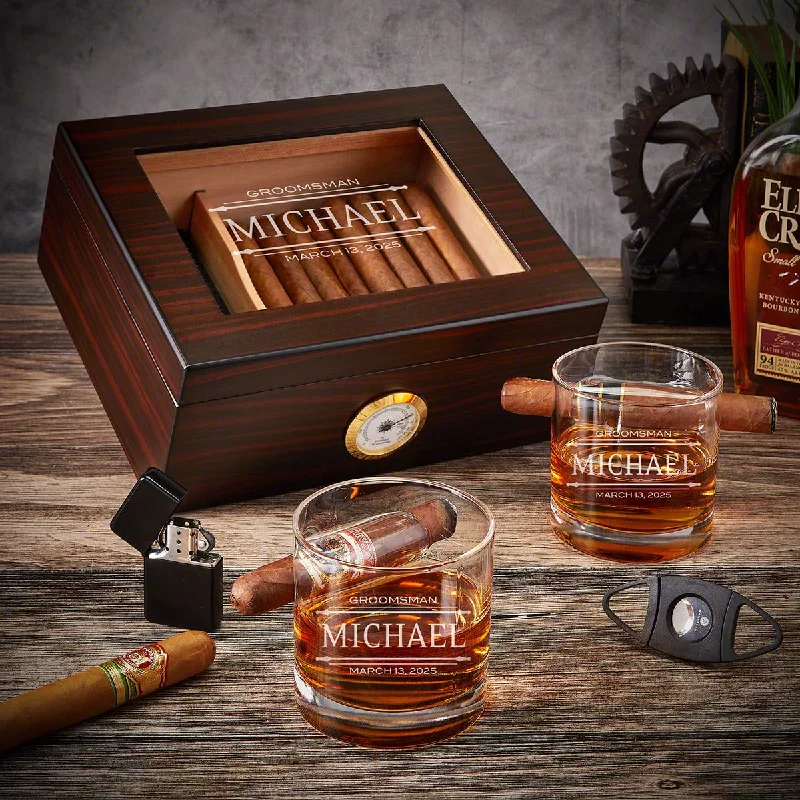 Elegant porcelain drinking cups-Oxley Personalized Cigar Glasses with Dante Cedar Cigar Humidor & Hygrometer 6pc