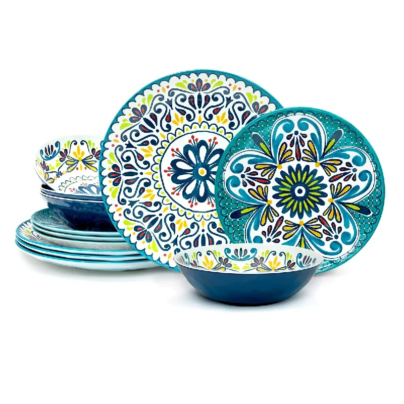 Trendy pastel dinnerware sets-Melamine Dinnerware Set, 12-Piece, Service for 4, Medallion (Cool)