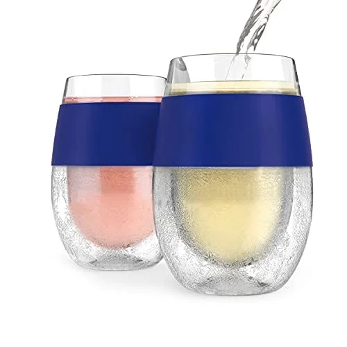 Vintage retro drinking glasses-Host Cooling Cup Set of 2 Plastic Double Wall Insulated Freezable Drink Chilling Tumbler with Freezing Gel, Wine Glasses for Red and White Wine, 8.5 oz, Blue