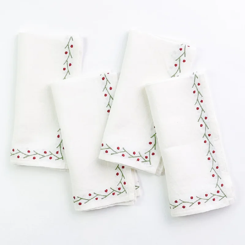 Designer porcelain serving dishes-Twig & Dot Red & Green Embroidered Linen Napkin | Set of 4