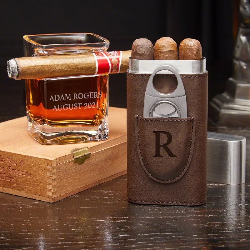 Vintage-inspired ceramic mugs-Personalized Cigar Case & Whiskey Cigar Glass