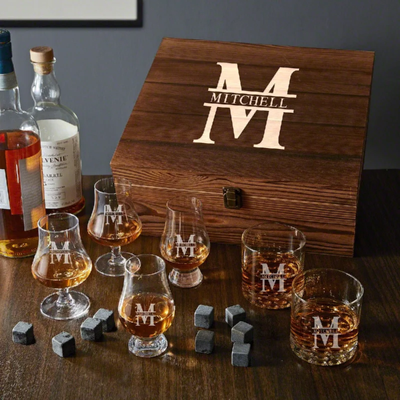 Affordable insulated camping cups-Ultimate Personalized Whiskey Tasting Set - 8pc Gift Boxed Set with Glencairn, Rocks & Nosing Glasses