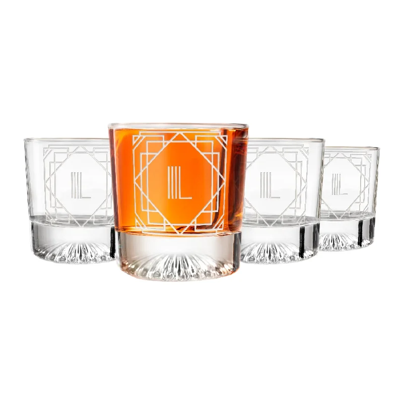 Luxury etched champagne flutes-Letter L Monogram Art Deco Etched Whiskey Glasses - Set of 4