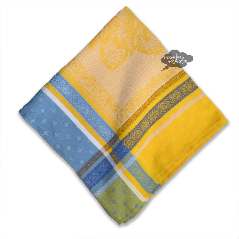 Designer stainless steel ladles-Cedrat Yellow & Blue French Cotton Jacquard Napkin by Tissus Toselli