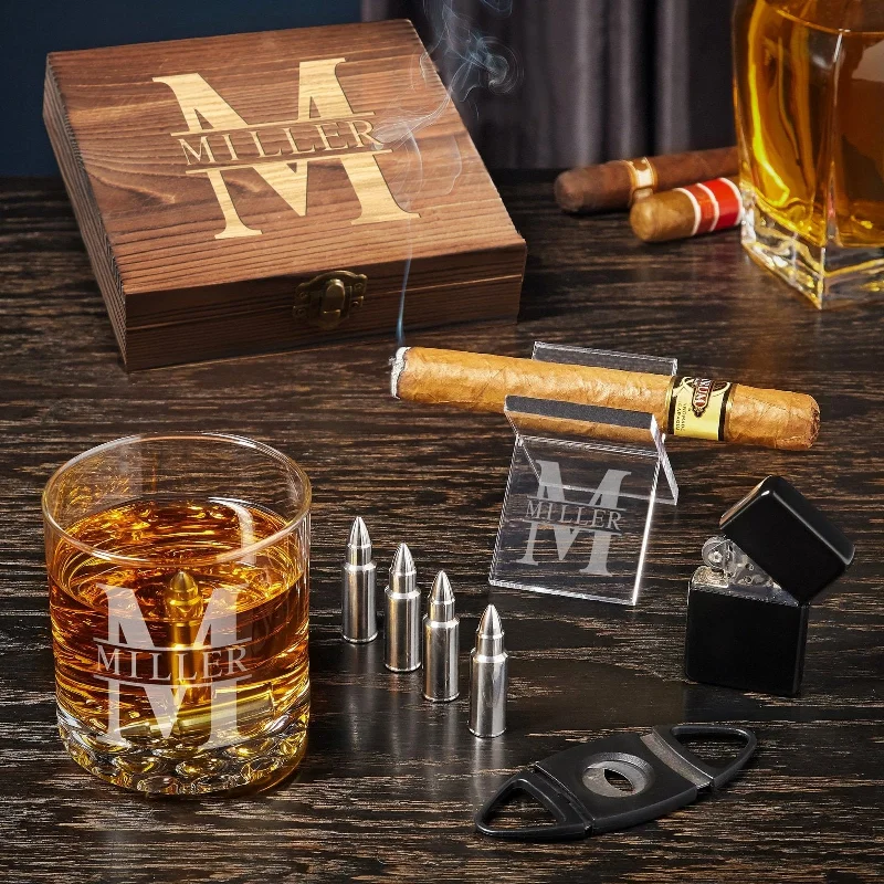 Trendy stackable glass tumblers-Make My Day Custom Whiskey and Cigar Gift Set