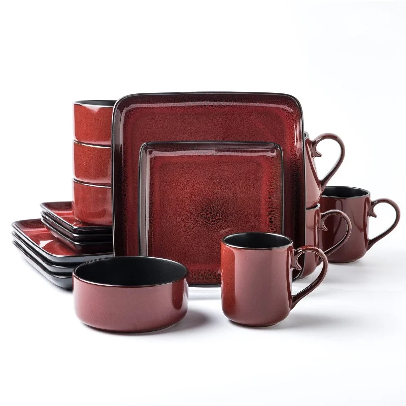 Casual melamine serving bowls-Square Stoneware 16pc Dinnerware Set for 4, Dinner Plates, Side Plates, Cereal Bowls, Mugs - Reactive Glaze Red (485450)