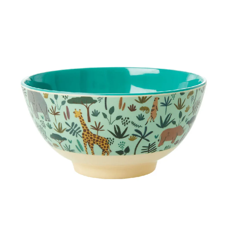 Chic minimalist dinner plates-Rice DK Melamine Bowl with Green All Over Jungle Animals Print - Two Tone - Medium