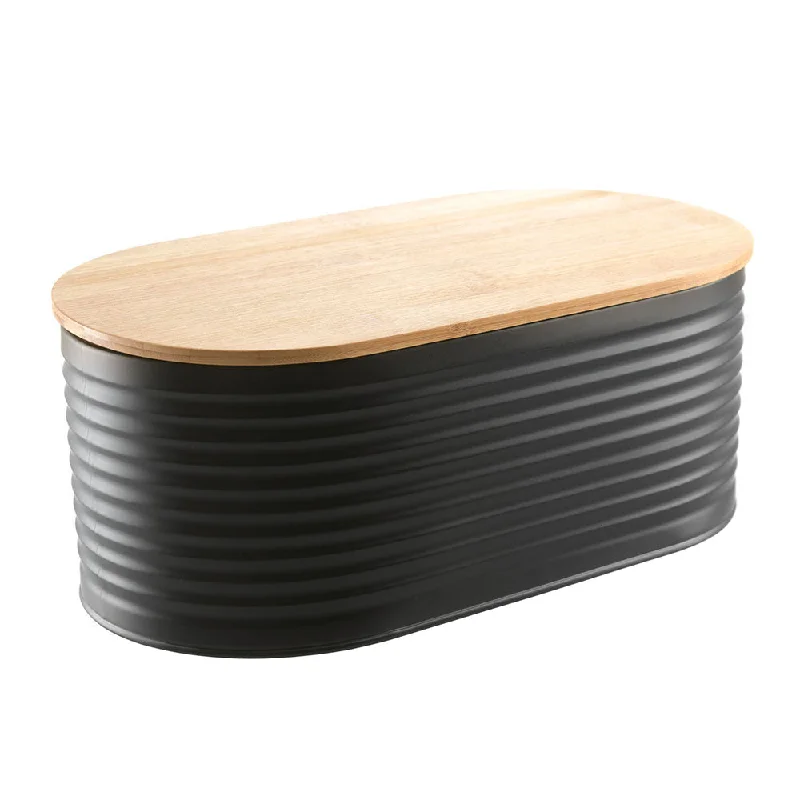 Elegant gold-accented cutlery-Bread Bin Black Metal with Bamboo Lid 34x19x13cm