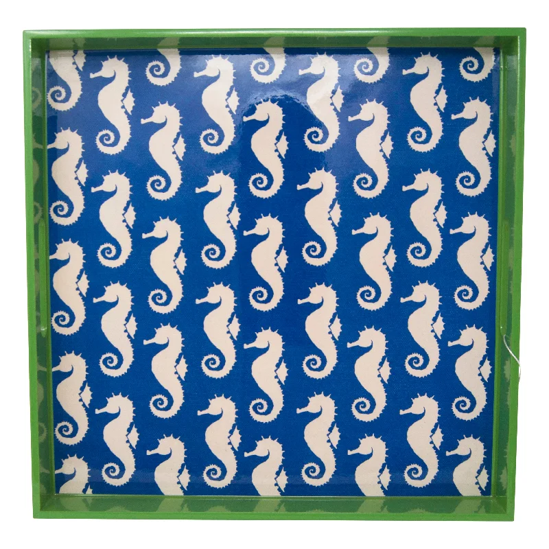 Designer ceramic dinner plates-Seahorse Blue White & Green Lacquer Tray