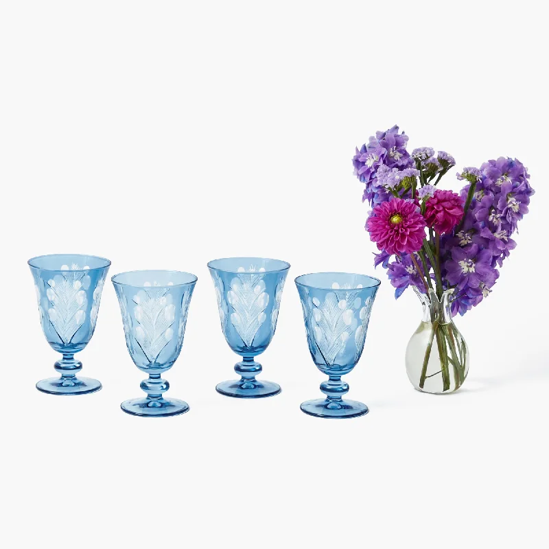 Trendy stackable glass tumblers-Blue Fern Engraved Wine Glasses (Set of 4)