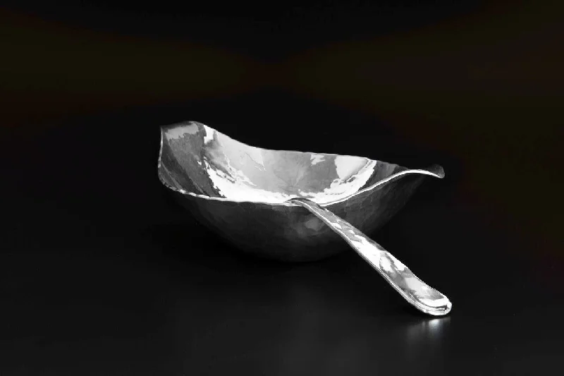 Trendy oversized ceramic bowls-Silver Condiment Bowl & Spoon