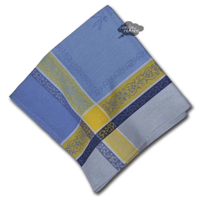 Casual plastic dinner plates-Olivia Blue & Yellow French Cotton Jacquard Napkin by Tissus Toselli