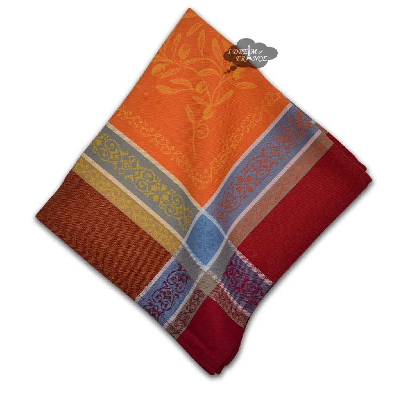 Affordable stainless steel bowls-Olivia Red & Orange French Cotton Jacquard Napkin by Tissus Toselli