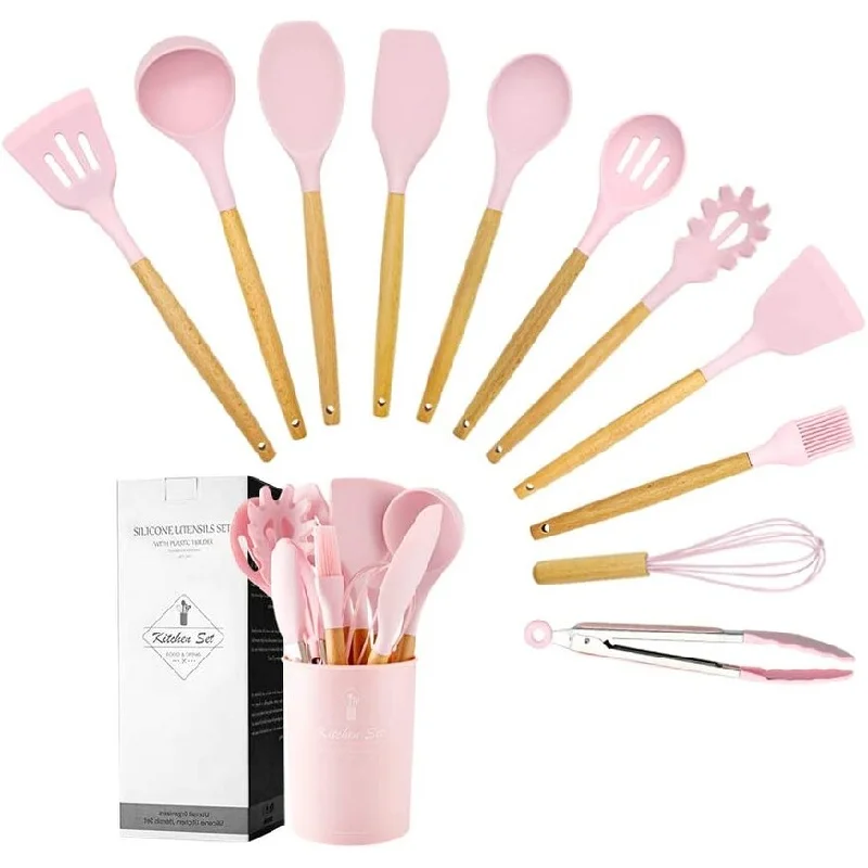 Chic reusable dinnerware sets-Silicone Kitchen Utensil Set, 11 Pieces Cooking Utensil with Wooden Handles