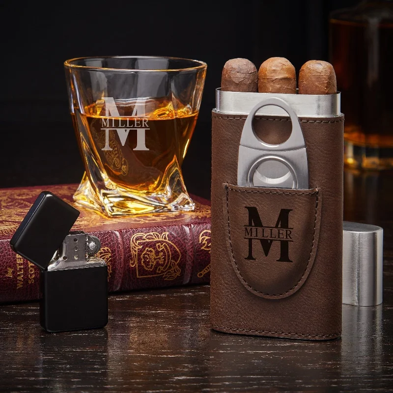 Durable travel mugs with lids-Engraved Whiskey and Cigar Gift Set with Twist Glass