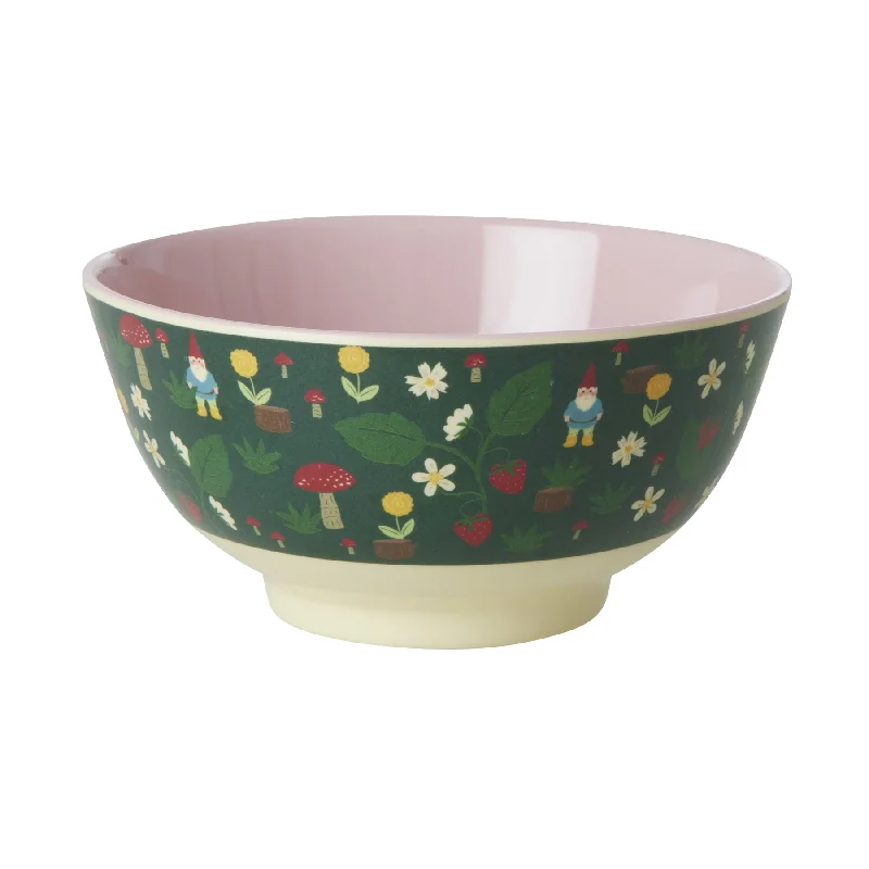 Trendy frosted serving dishes-Rice DK Melamine Bowl with Forest Gnome Print- Medium - 700 ml