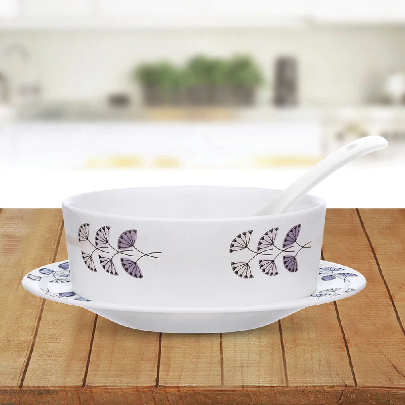 Trendy oversized serving trays-Larah by Borosil Floret Soup Bowl w Saucer Set