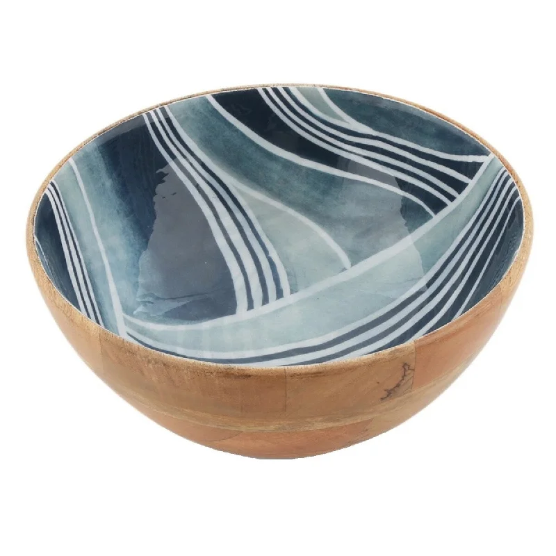 Designer bamboo cutlery trays-Thirstystone Wood & Enamel Salad Bowl Blue - 12.6 x 12.4 x 6.7