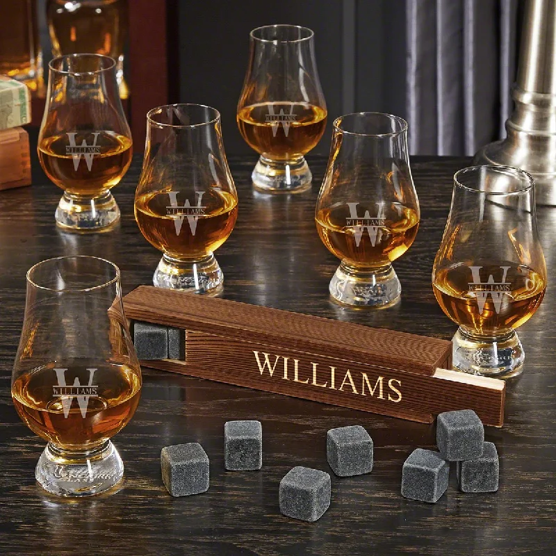 Chic minimalist tea cups-Engraved Whiskey Stone Set with 6 Glencairn Whiskey Tasting Glasses