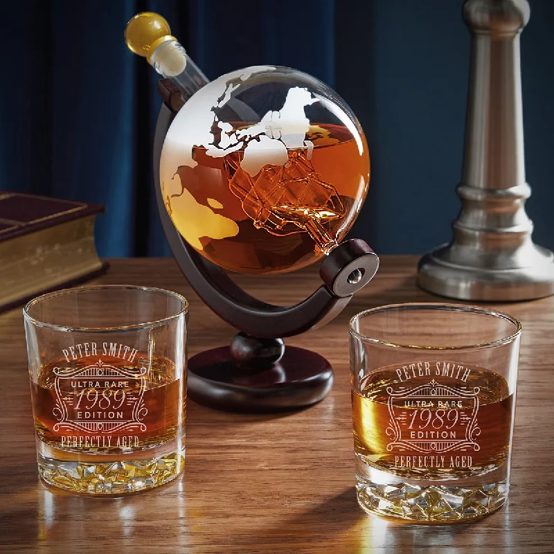 Trendy ombre glass tumblers-Glacier Bottom Personalized Glasses and Globe Whiskey Decanter Set