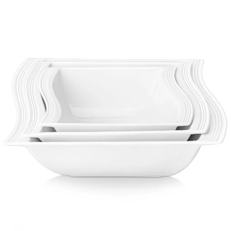 Elegant porcelain serving platters-Ivory White Square Serving Bowls Set of 3 (70/45/30 OZ), Mixing Bowls Large Bowls Set Dishwasher & Microwave Safe, Series Flora