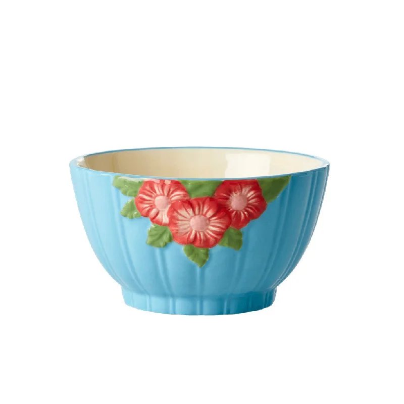 Casual glass dessert bowls-Rice DK Ceramic Bowl with Embossed Flower Design - Mint - Small