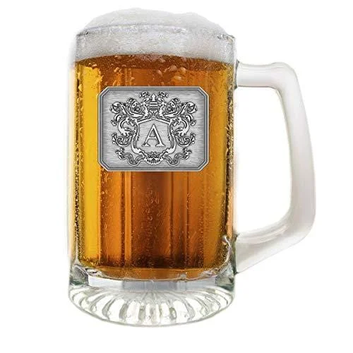 Casual plastic cups for parties-Glass Beer Mug Stein Hand Crafted Monogram Initial Pewter Engraved Large Crest with Letter A by Fine Occasion (A, 25 oz)