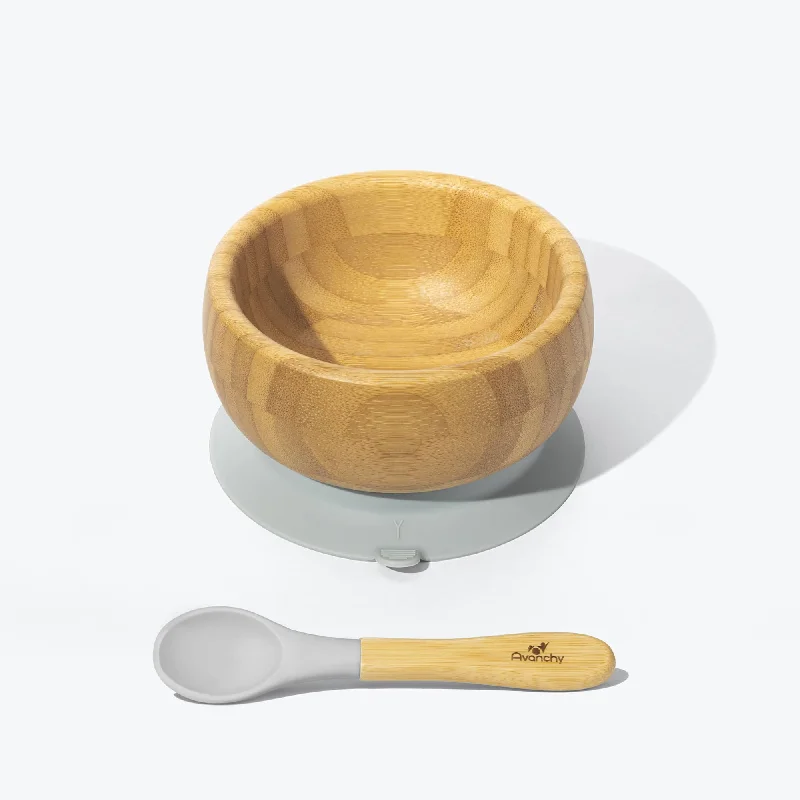 Luxury gold-rimmed platters-Avanchy Bamboo Suction Baby Bowl + Spoon - Grey