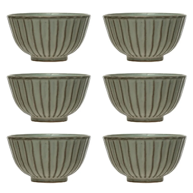 Elegant hand-blown glass pitchers-Stoneware Pleated Bowl, Reactive Glaze, Set of 6