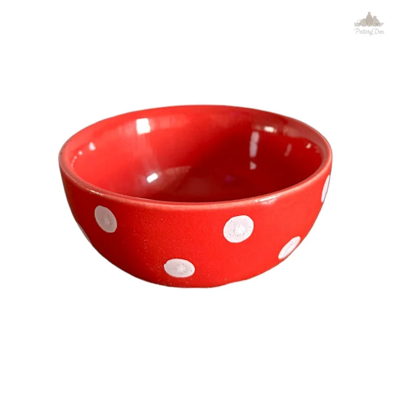 Luxury gold-rimmed bowls-Red Polka Dots Dessert Bowl | Height 4.5 cm | Diameter 9.5 cm | Hand Painted |  Set of 1 | Ceramic Pottery | Ideal for serving desserts or curry food items