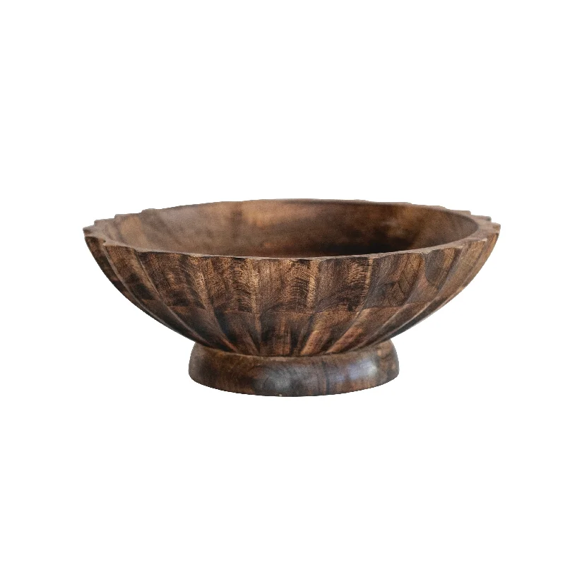 Elegant porcelain serving platters-Hand-Carved Mango Wood Footed Bowl with Scalloped Edge - 9.5"L x 9.5"W x 3.5"H - 9.5"L x 9.5"W x 3.5"H