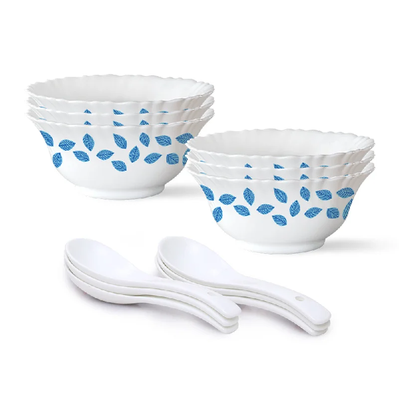 Stylish clear bowls for salad-Larah by Borosil Blue Leaves Soup Bowl Set