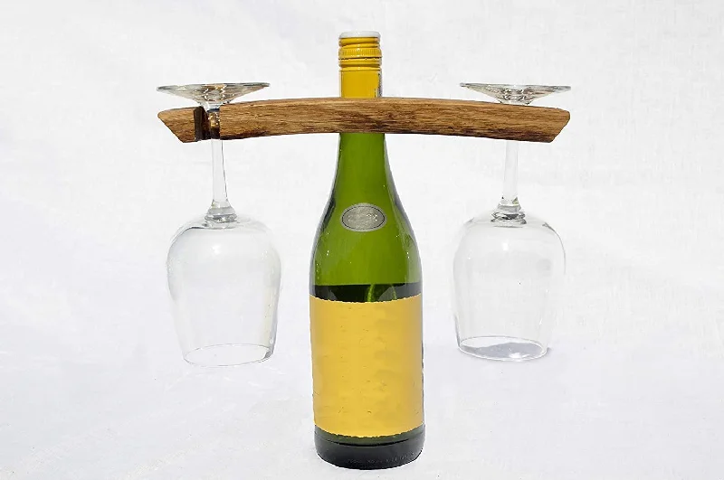 Elegant hand-blown glass cups-Barrel-Art Barrel Stave Wine Caddy Wine Butler Carries a Bottle and 2 Glasses, Dark Walnut