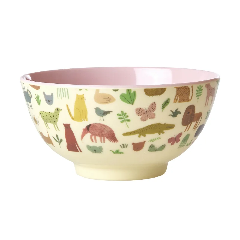 Designer ceramic dessert plates-Rice DK Melamine Bowl with Pink Sweet Jungle Print- Medium - 700ml