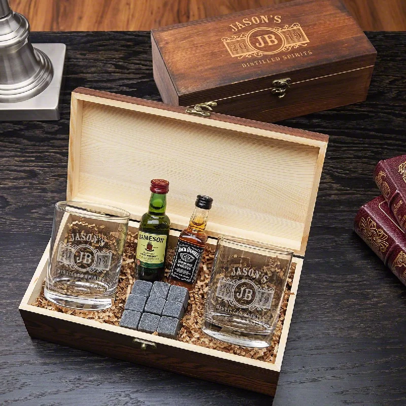 Casual camping coffee mugs-Engraved Glasses and Stones Gift Box Set for Whiskey Lovers