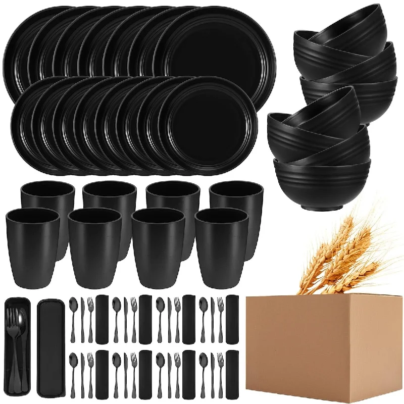 Designer stainless steel ladles-64 Pcs Wheat Straw Dinnerware Sets Flatware Unbreakable Plates & Bowls Sets Tableware Set Kitchen Microwave Dishwasher Safe Bowl