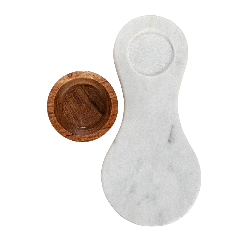 Vintage retro cutlery sets-Marble Serving Board with Mango Wood Bowl - 10.0"L x 4.8"W x 2.5"H - 10.0"L x 4.8"W x 2.5"H