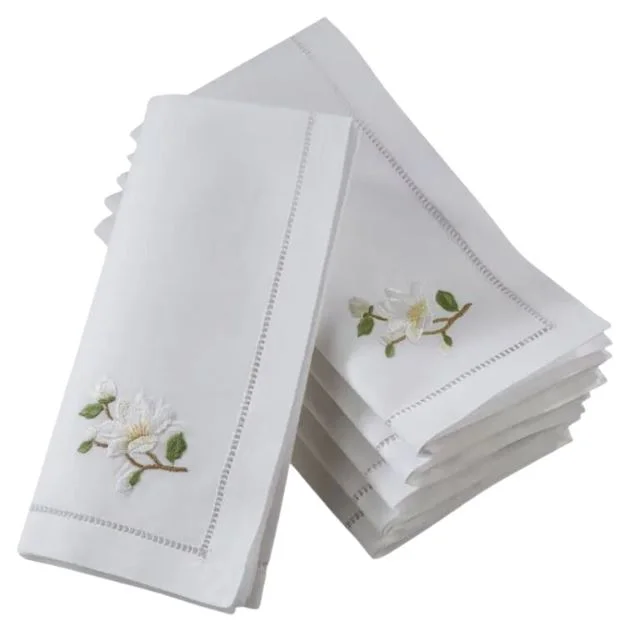 Trendy stackable glass plates-Embroidered Magnolia Hemstitch Napkin 6 Pack