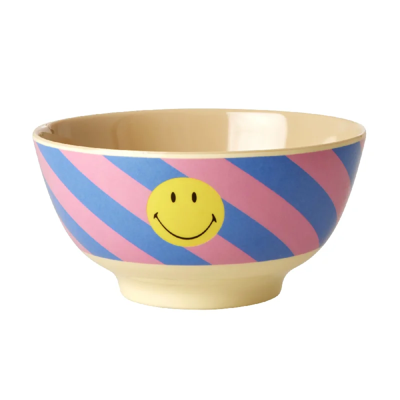 Designer wooden dinner trays-Rice DK Melamine Bowl with Striped Smiley Print - Medium